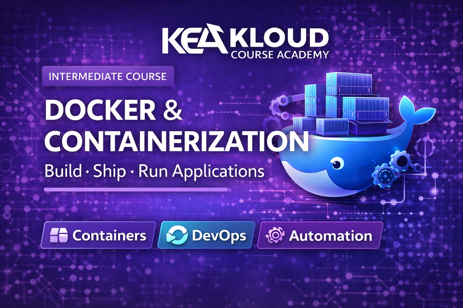 Docker & Containerization course thumbnail for Kloud Course Academy showing Docker whale, containers, and DevOps automation on a purple background.