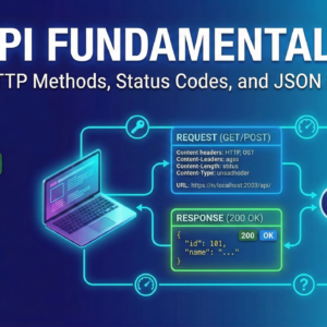 API Fundamentals course thumbnail showing REST APIs, HTTP requests, JSON data exchange, and modern web service communication.