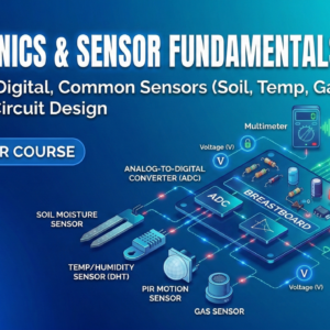 Electronics and sensor fundamentals for IoT course thumbnail showing sensors, circuits, and IoT hardware components.