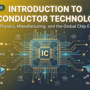 Introduction to Semiconductor Technologies course thumbnail showing microchip, transistors, integrated circuits, and semiconductor industry concepts.