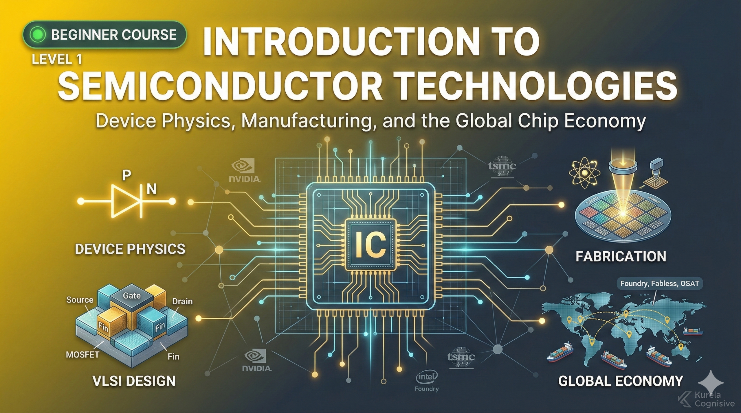 Introduction to Semiconductor Technologies course thumbnail showing microchip, transistors, integrated circuits, and semiconductor industry concepts.