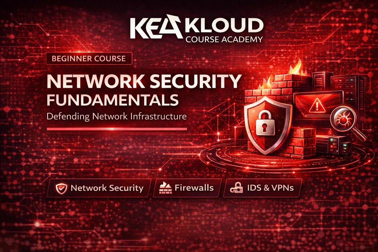 Network Security Fundamentals course thumbnail showing firewall protection, network defense, and cyber security monitoring.