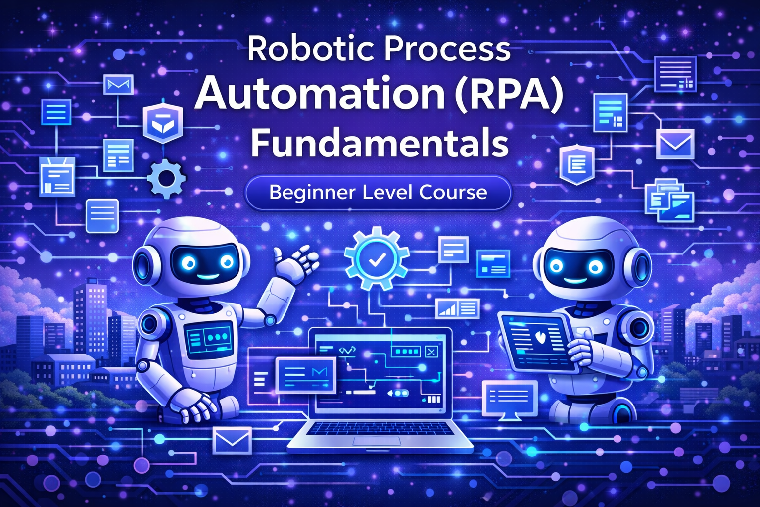 Robotic Process Automation RPA fundamentals course thumbnail showing software automation bots, workflow automation, and digital business process automation.