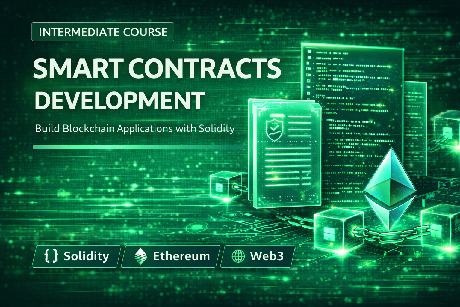 Smart contracts development course thumbnail showing blockchain code, Solidity programming, and decentralized application development.